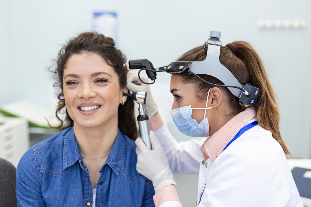 Medic examinează urechea unei paciente cu otoscop